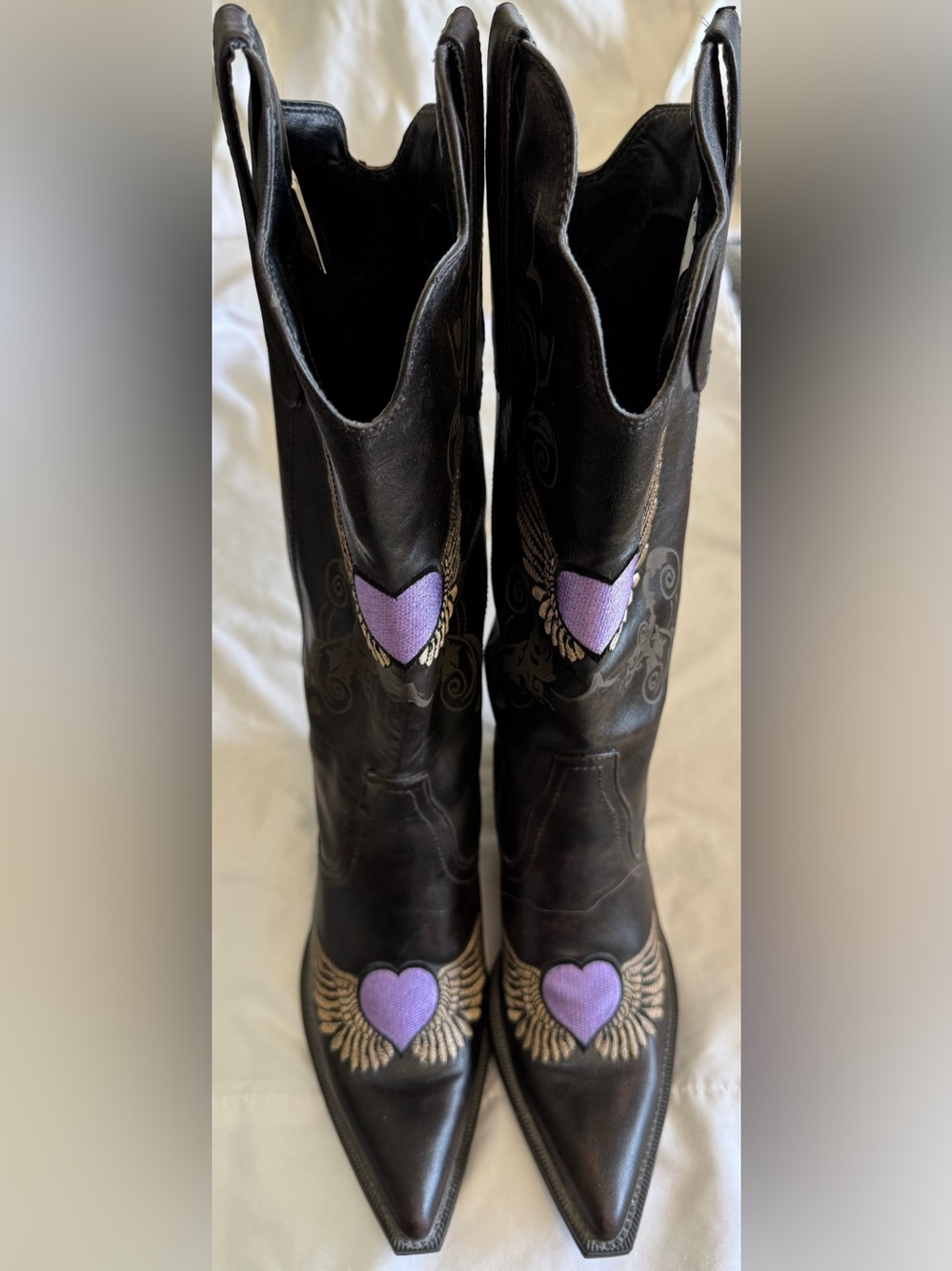 Roper Brown Pleather Cowboy Boots with Purple Heart Embroidery